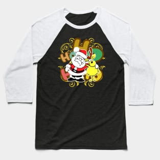 Ho ho ho Santa Claus and Rudolf the reindeer in friendly embrace in a Christmas atmosphere against the background of colorful letters Baseball T-Shirt